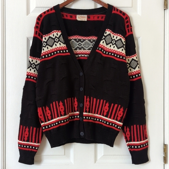 Beldoch Popper 80's Vintage Fair Isle & Pinched Knit Cardigan Sweater Black L - Picture 1 of 9
